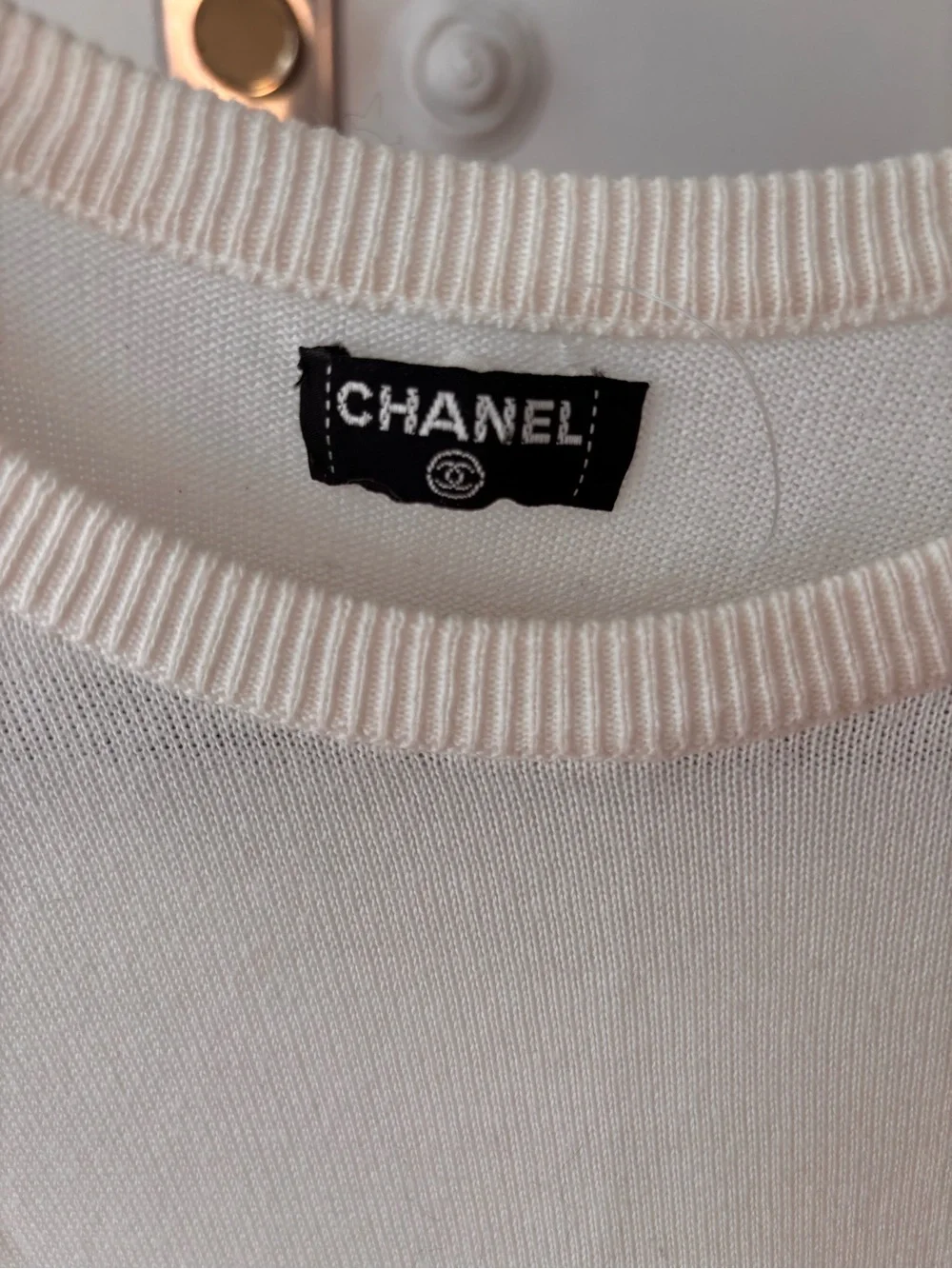 CHANEL Ivory Short-Sleeve Knit Top with Pocket Accent vintage